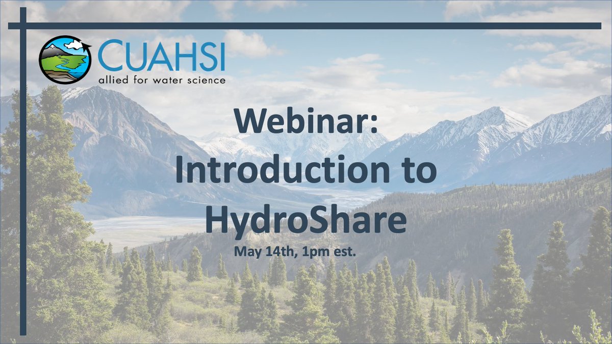 CUAHSI's tweet photo. Register for an introductory HydroShare Webinar. Topics include sharing, storing, collaborating on, and publishing data in HydroShare.
When: May 14, 2024
Time: 1pm - 2pm ET
Hosted by: Clara Cogswell, Community Support Hydrologist, CUAHSI
https://t.co/jWucUeziNV https://t.co/FmHwjoKFlT