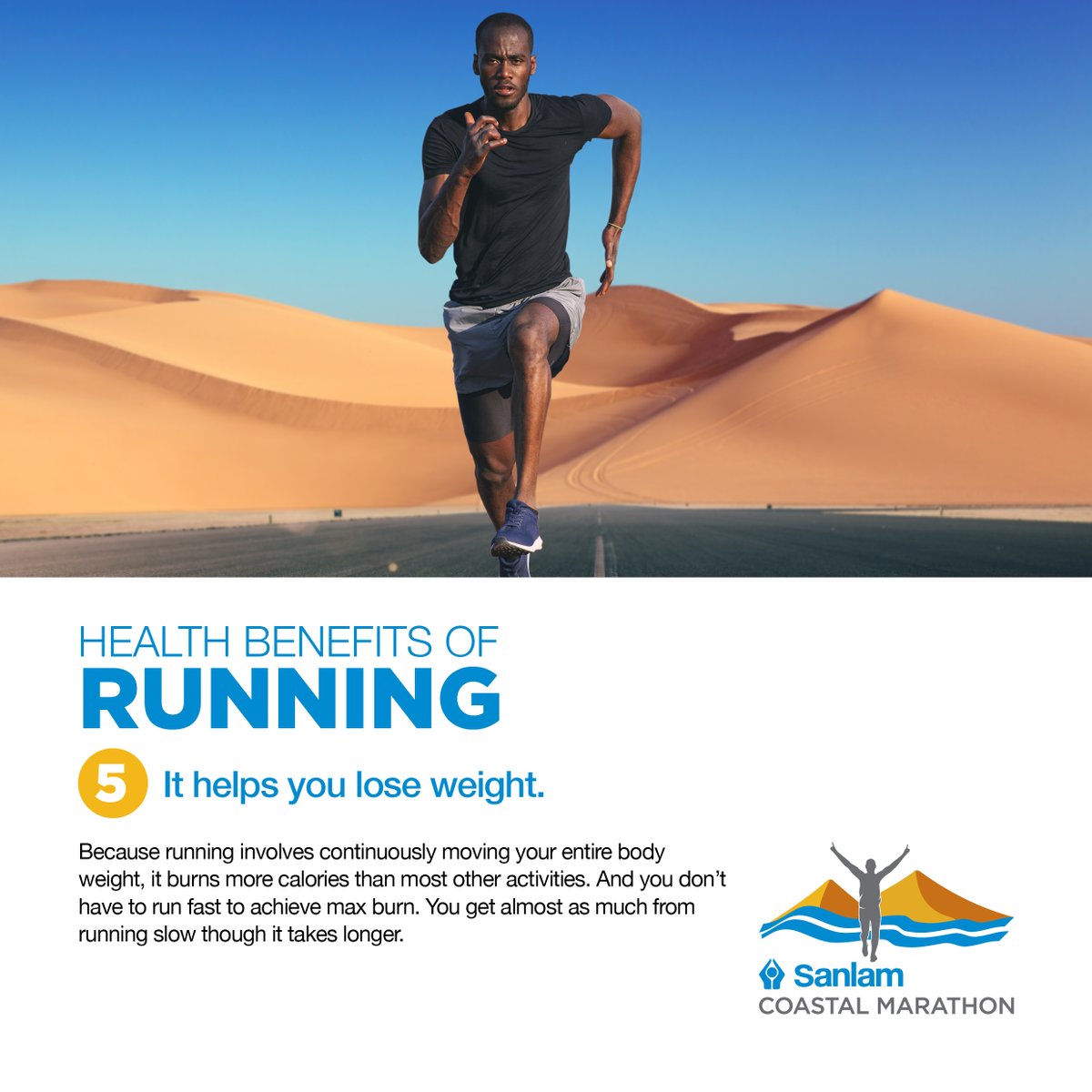 🔥🏃‍♂️ Turn kilometers into calorie-burning triumphs. Lace up, hit the pavement, and let the marathon magic work. See you at the starting line as we burn calories and push boundaries of endurance. #MarathonMagic #CalorieBurner #SanlamCoastalMarathon
