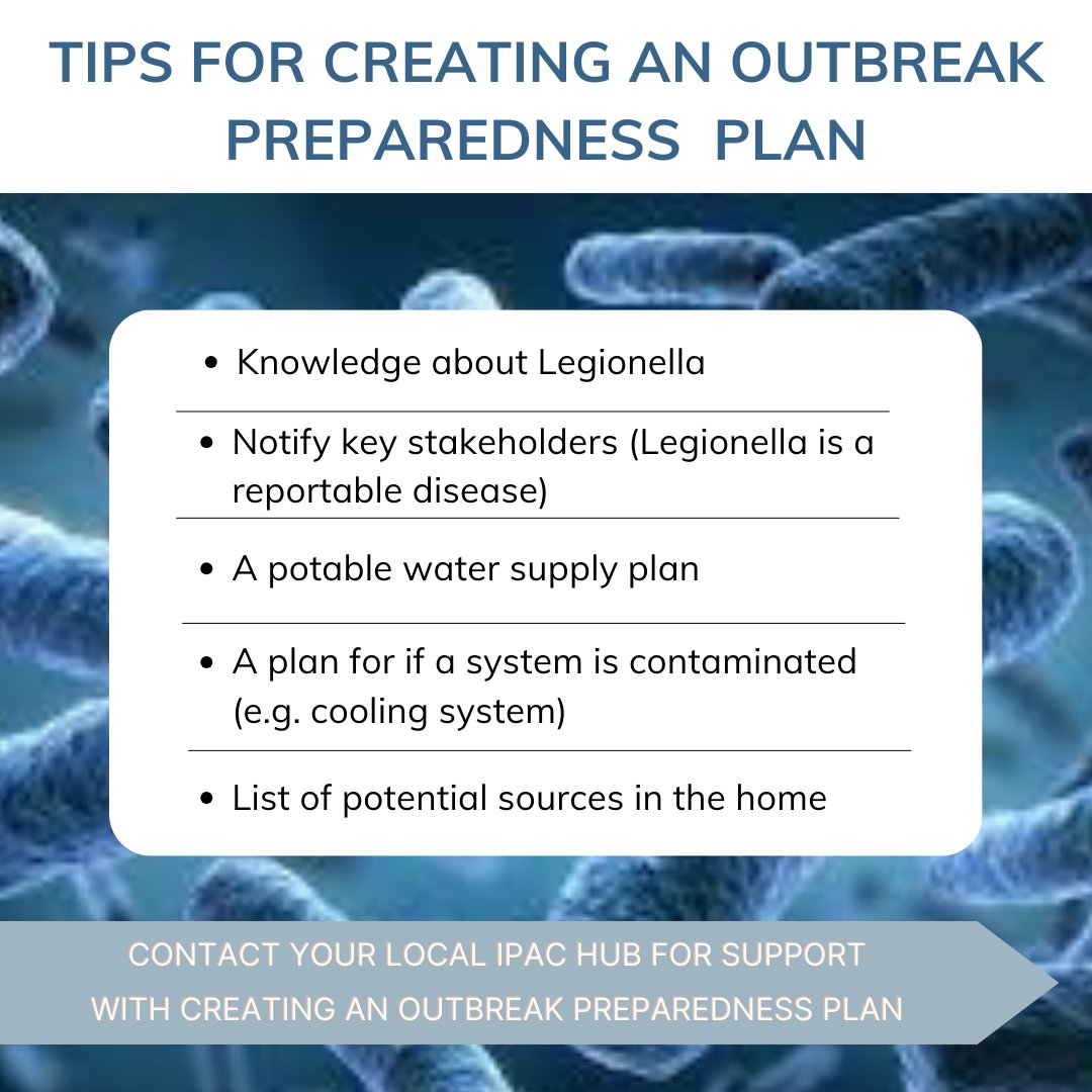 Plan ahead and create and outbreak preparedness plan for Legionella. If you don't know where to start, contact your local IPAC Hub to help.