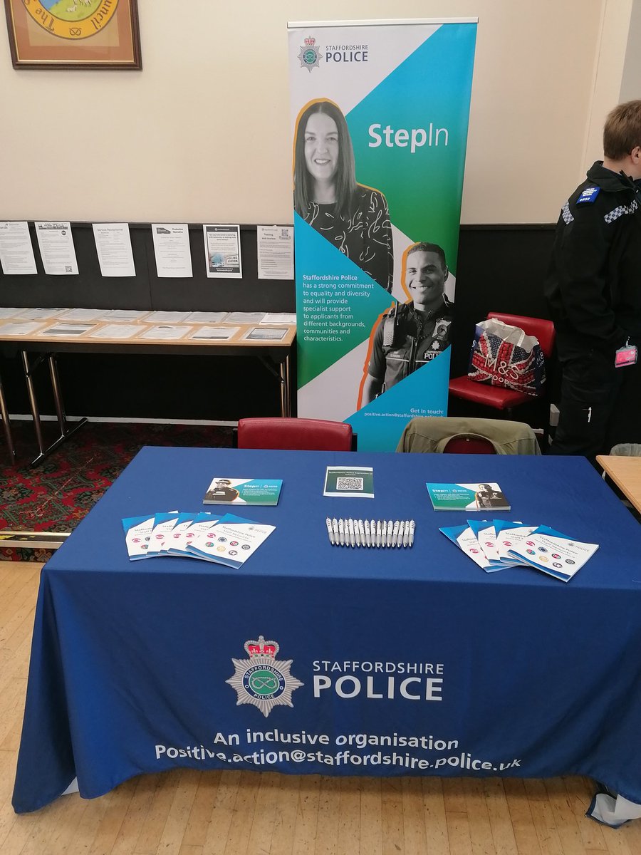 Our team are at the Haling Dene Centre in Penkridge along with some of the local team. Come along and ask about careers, vacancies and volunteering! @StaffsPoliceCC