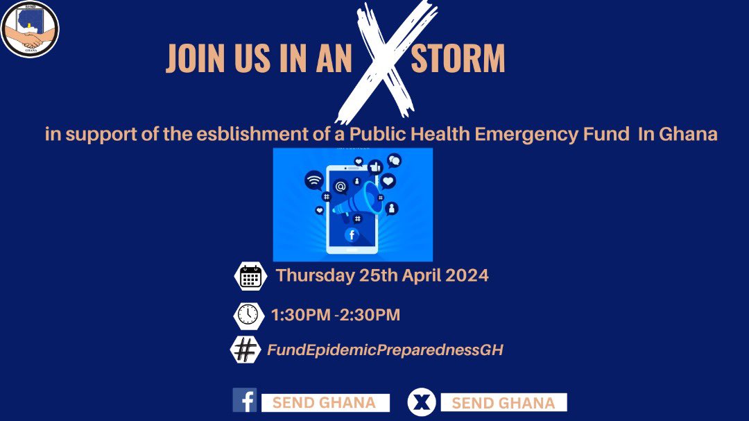 Join the brewing conversation regarding the need to establish public health emergency fund in Ghana with @SENDGHANA right here from 1:30pm to 2:30pm. @mohgovgh @_GHSofficial @phefcampaigngh @SENDGHANA @neearchie #FundEpidemicPreparednessGH