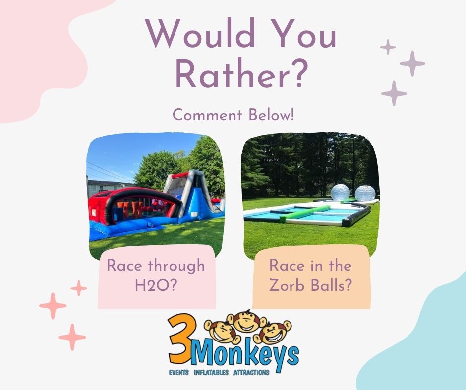 Would you rather race through our H2O Wet/Dry Obstacle Course or race through the Zorb Balls Track? 
3monkeysinflatables.com/items/zorb_ham…
3monkeysinflatables.com/items/h20_obst…
#3MonkeysInflatables #3MI #WouldYouRather #ObstacleCourseRentals #YorkPA #Harrisburg #EventRentals #PartyRentals #ZorbBalls #Games