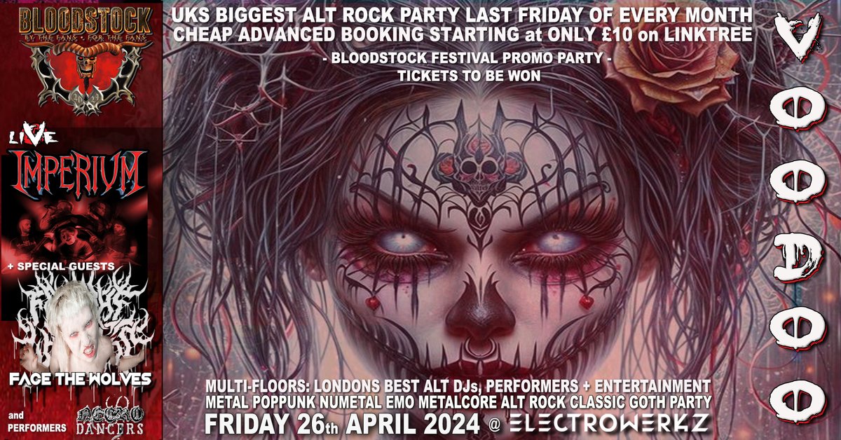This FRIDAY! VOODOO #rocklondon @Electrowerkz 4 Floors Alt Rock DJs+Live Music+Performers+ Bloodstock Promo NIGHT! Metal+NuMetal+Pop Punk Emo+VIDEO GAMES CORNER+KARAOKE BAR FREE FACE PAINTING+Tickets advance or on the door. PHOTO ID required. facebook.com/events/1649311…