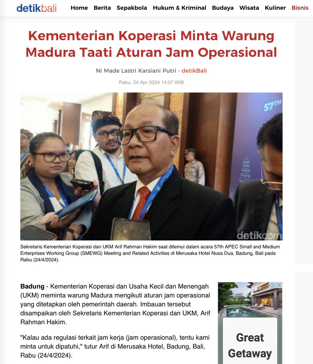 ismailfahmi's tweet photo. Kementerian Koperasi Minta Warung Madura Taati Aturan Jam Operasional

>> ada aturan jam buka:

"Kalau ada regulasi terkait jam kerja (jam operasional), tentu kami minta untuk dipatuhi," tutur Arif di Merusaka Hotel, Badung, Bali, Rabu (24/4/2024).

>> mengakomodasi keluhan pengusaha minimarket:

Suwarbawa mendapatkan keluhan dari pengusaha minimarket terkait warung Madura yang buka 24 jam. Satpol PP segera turun ke lapangan untuk mengecek beroperasinya warung Madura.

>> usaha termasuk warung Madura harus berizin:

"Nanti turun cek penduduk pendatang, sekalian turun bersama perizinan, memastikan usaha yang dijalankan berizin," tegas Suwarbawa.