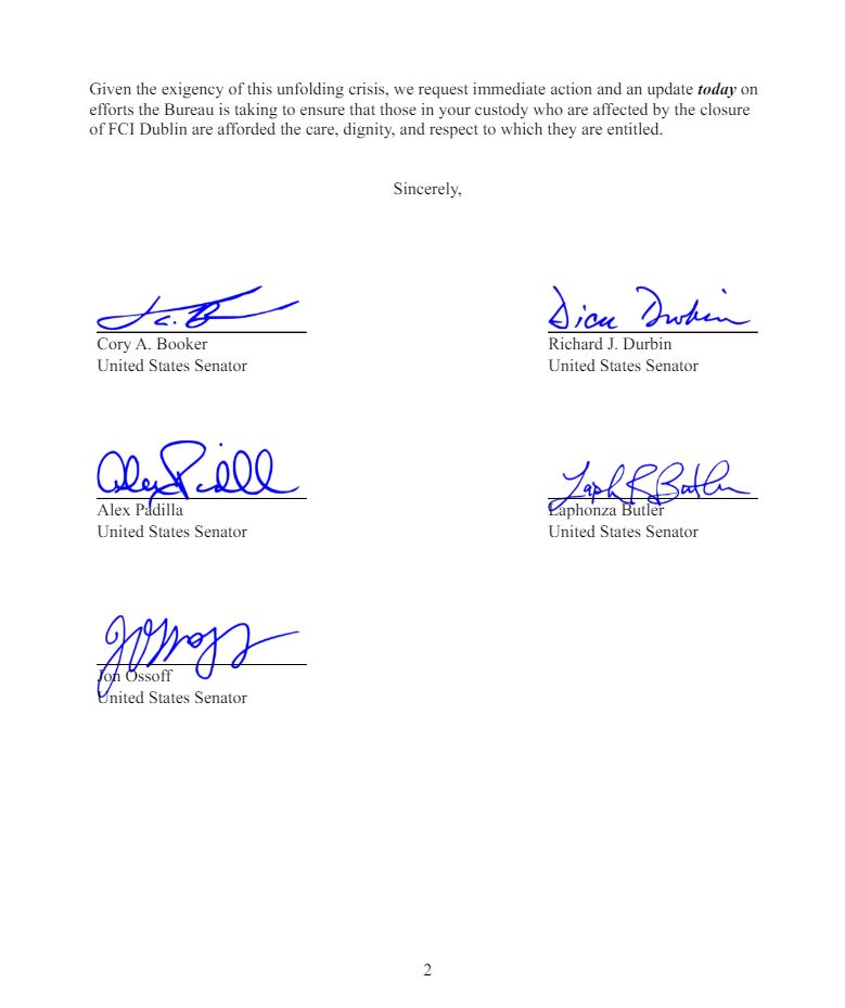 5 U.S. senators are demanding that BOP director provide them with information on how the agency prepared to close FCI Dublin, including written plans to its employees on the “safe and humane release from custody.” bit.ly/3WiVu3p