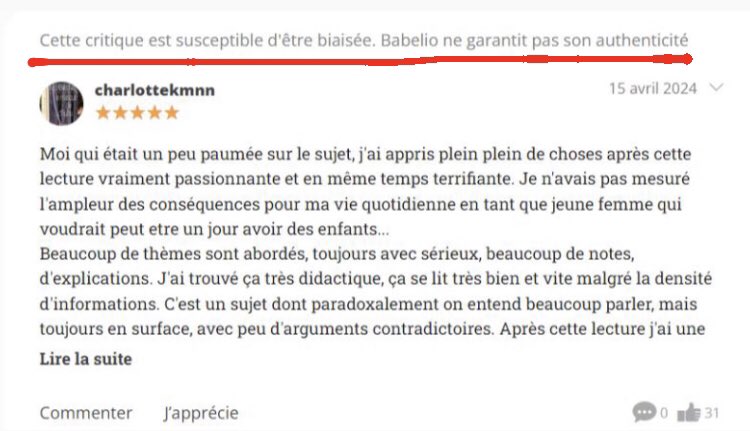 Une lectrice nous informe que sur @Babelio, les critiques positives de #Transmania🏳️‍⚧️ sont accompagnées de la mention « cette critique est susceptible d’être biaisée, Babelio ne garantit pas son authenticité ». 2024 is the new 1984.