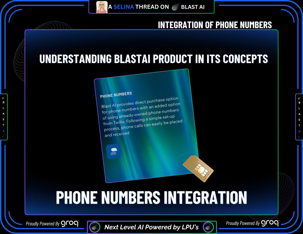 🧿𝗣𝗵𝗼𝗻𝗲 𝗡𝘂𝗺𝗯𝗲𝗿 𝗜𝗻𝘁𝗲𝗴𝗿𝗮𝘁𝗶𝗼𝗻
Placing and receiving calls made easy with @BlastAI_Tech model whether you want to directly purchase phone number from BlastAI or even if you already own one from Twilio

Long list of impressive concepts and there's more!