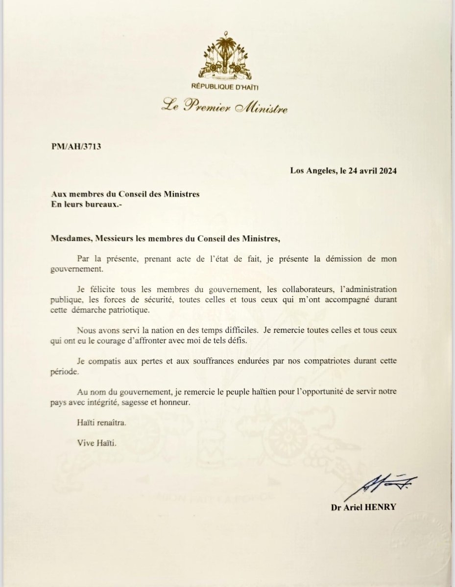 Lettre de démission du gouvernement du Premier ministre <a href="/DrArielHenry/">Dr Ariel Henry</a>

#Haïti