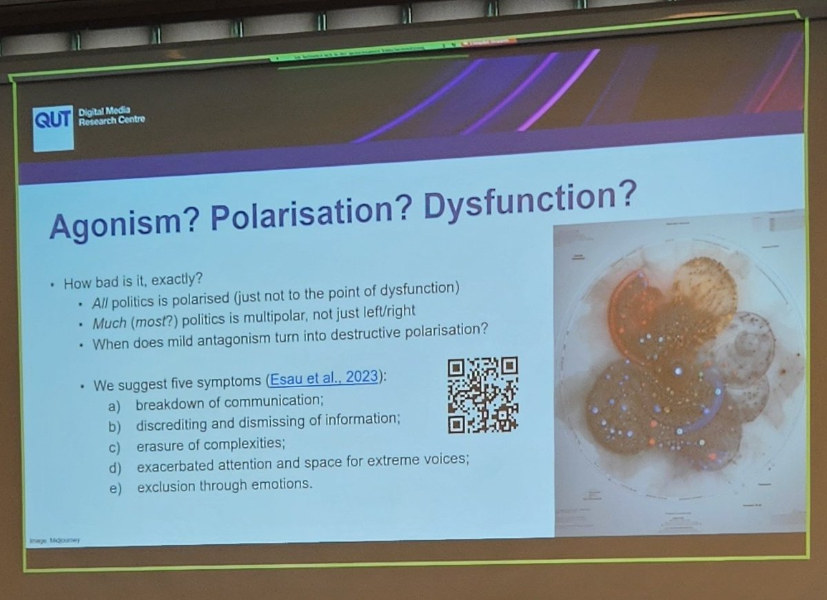 Attending the symposium on social cohesion by @fgz_risc & @BredowInstitut 1st up today is @snurb_dot_info with a keynote on two fascinating projects on polarization. First a suggestion to conceptualize polarization incl. 5 symptoms. Led by @kathaesa eprints.qut.edu.au/238775/ 1/2