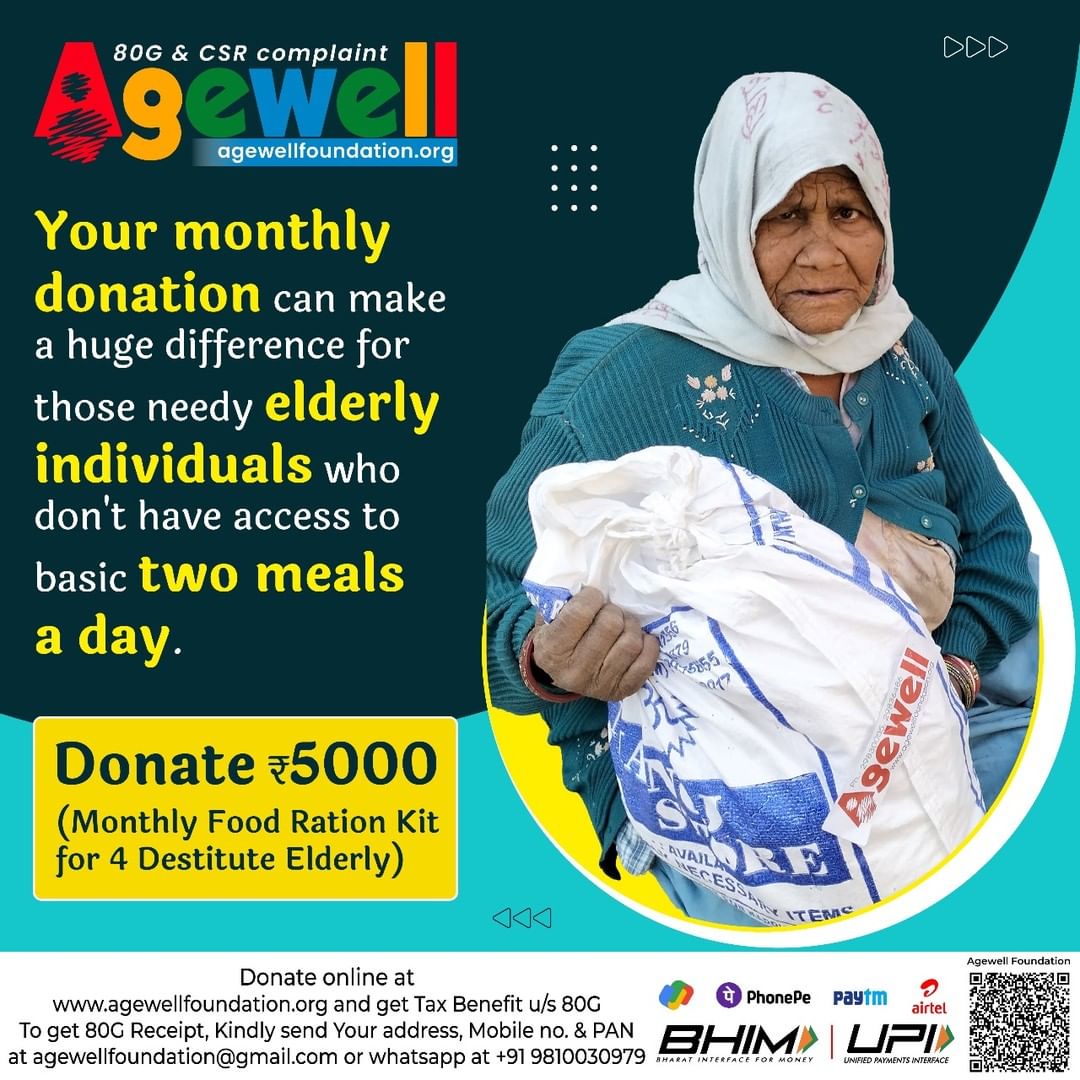 Agewell Foundation provides dry food ration kits every month to the underprivileged elderly. 😇

Our food ration kit includes: Rice, Dals, Daliya, Sugar, Refined Oil, Masale, Salt, Tea, Soya Badi, Biscuits etc.