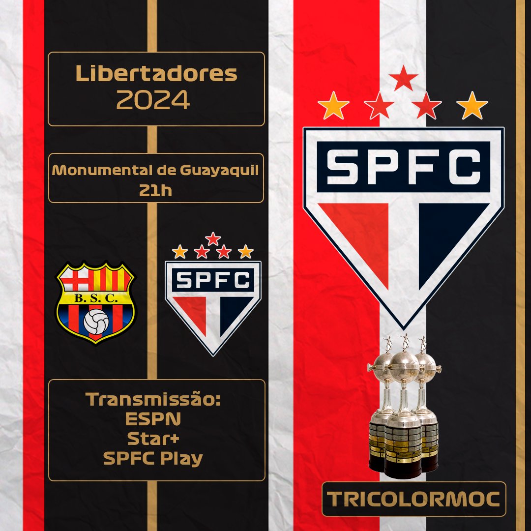 Hoje tem São Paulo na Libertadores!
É #DiaDeTricolor!

⚽ Barcelona-EQU x São Paulo
📍 Guayaquil (EQU)
🏆 CONMEBOL Libertadores

📺 ESPN / Star+
🎙️ SPFC Play

#VamosSãoPaulo