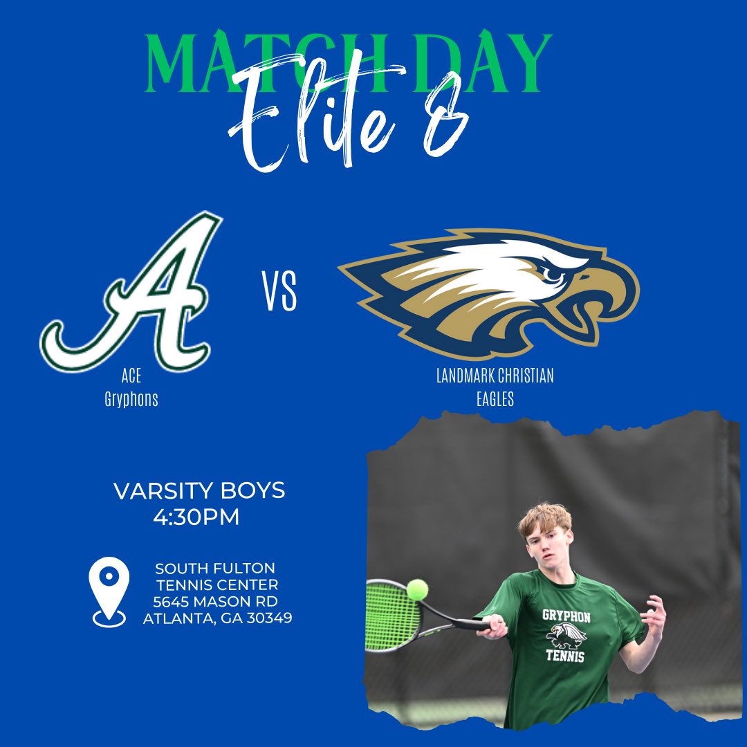 IT’S PLAYOFF GAME DAY!!! 
🎾 Varsity boys tennis heads to Landmark Christian today to compete in the Elite 8! First serves at 4:30PM.  

#gogryphons #ACEathletjcs #weareACE #takestate