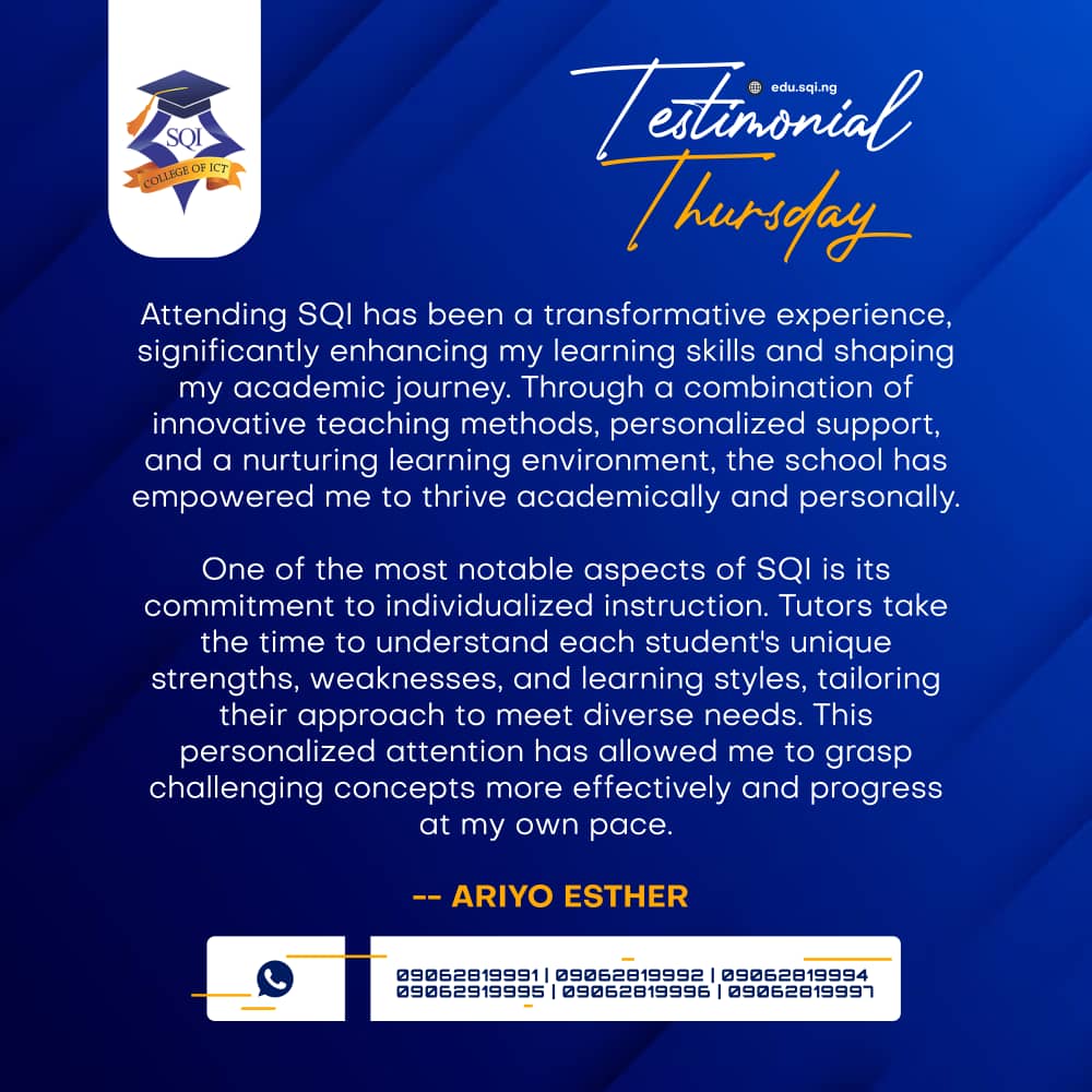 Ariyo Esther provides a detailed explanation of how SQI has been a blessing to her since she joined the Coding Campus.

#sqicollegeofict
#TestimonialThursday