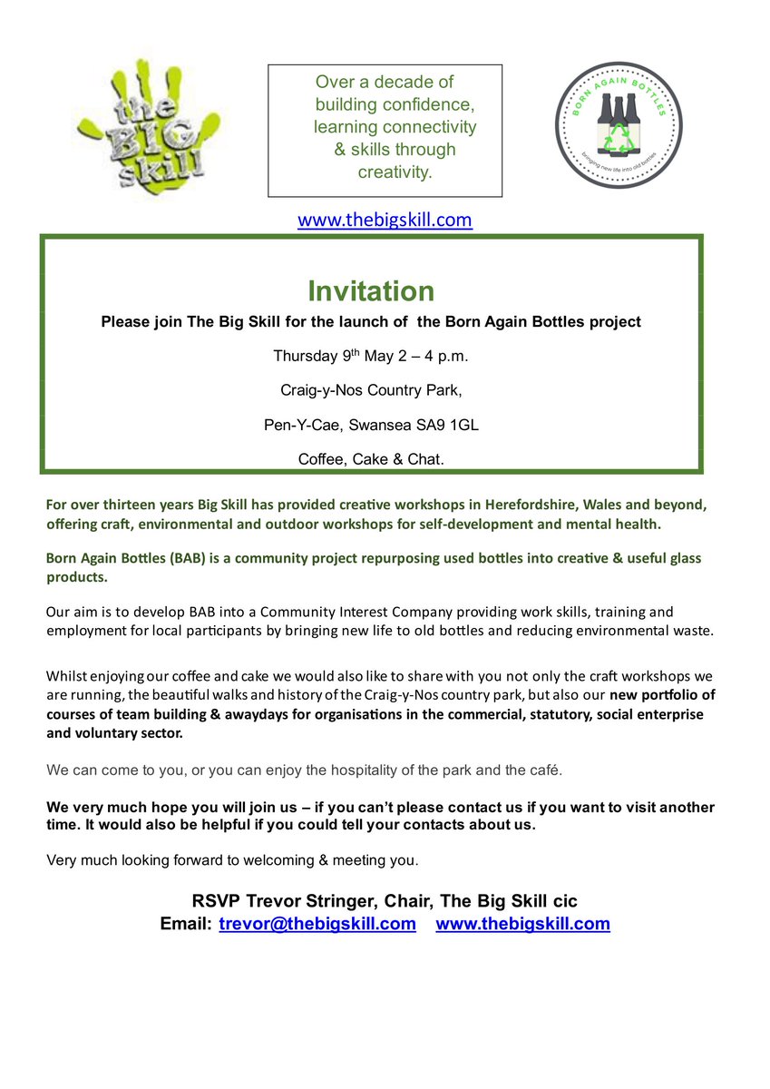 Join the launch of Born Again Bottles - a project repurposing used bottles into creative glass products from @TheBIGSkill in Craig Y Nos, South Wales, read more on our Community Noticeboard - giv.today/3OGeEw6