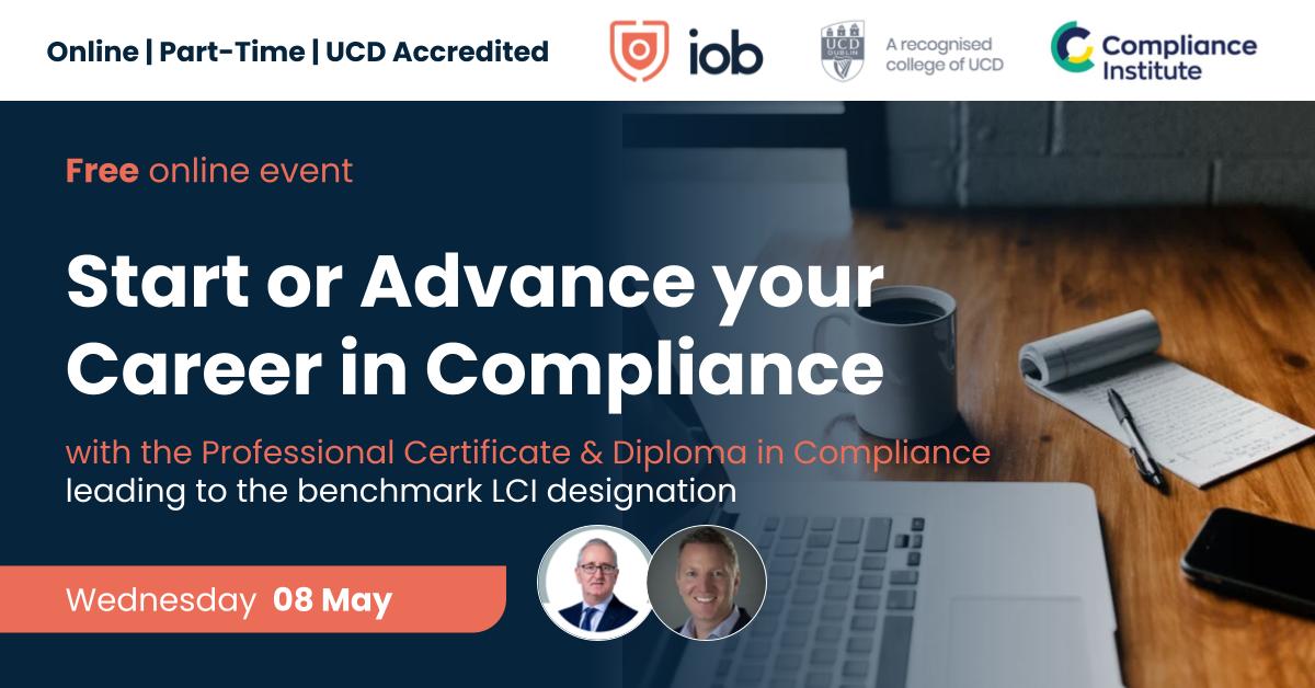 iob (@ioblearn) on Twitter photo Registrations are now open and 50% funding available for the Professional Certificate in Compliance. Don't miss out as places are LIMITED!
Considering a career in Compliance?
Join IOB, Dr. Gerry Grenham and Dermot Kennedy MBA, BFRCP, Head of Operations, <a href="/ComplianceInst/">Compliance Institute</a> on Registrations are now open and 50% funding available for the Professional Certificate in Compliance. Don't miss out as places are LIMITED!
Considering a career in Compliance?
Join IOB, Dr. Gerry Grenham and Dermot Kennedy MBA, BFRCP, Head of Operations, <a href="/ComplianceInst/">Compliance Institute</a> on