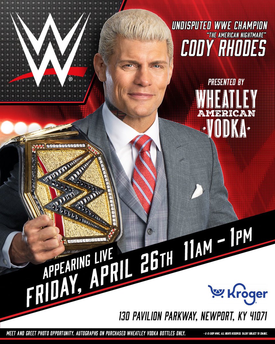 NEWPORT, KY❗️ TOMORROW 11-1 Come meet me and get your eyes on the crown jewel of wrestling belts! 📸🖊️ This is a first for @WWE ‘s Partnership Team/Myself/@WheatleyVodka as we look to do more unique moments to meet wrestling fans worldwide.