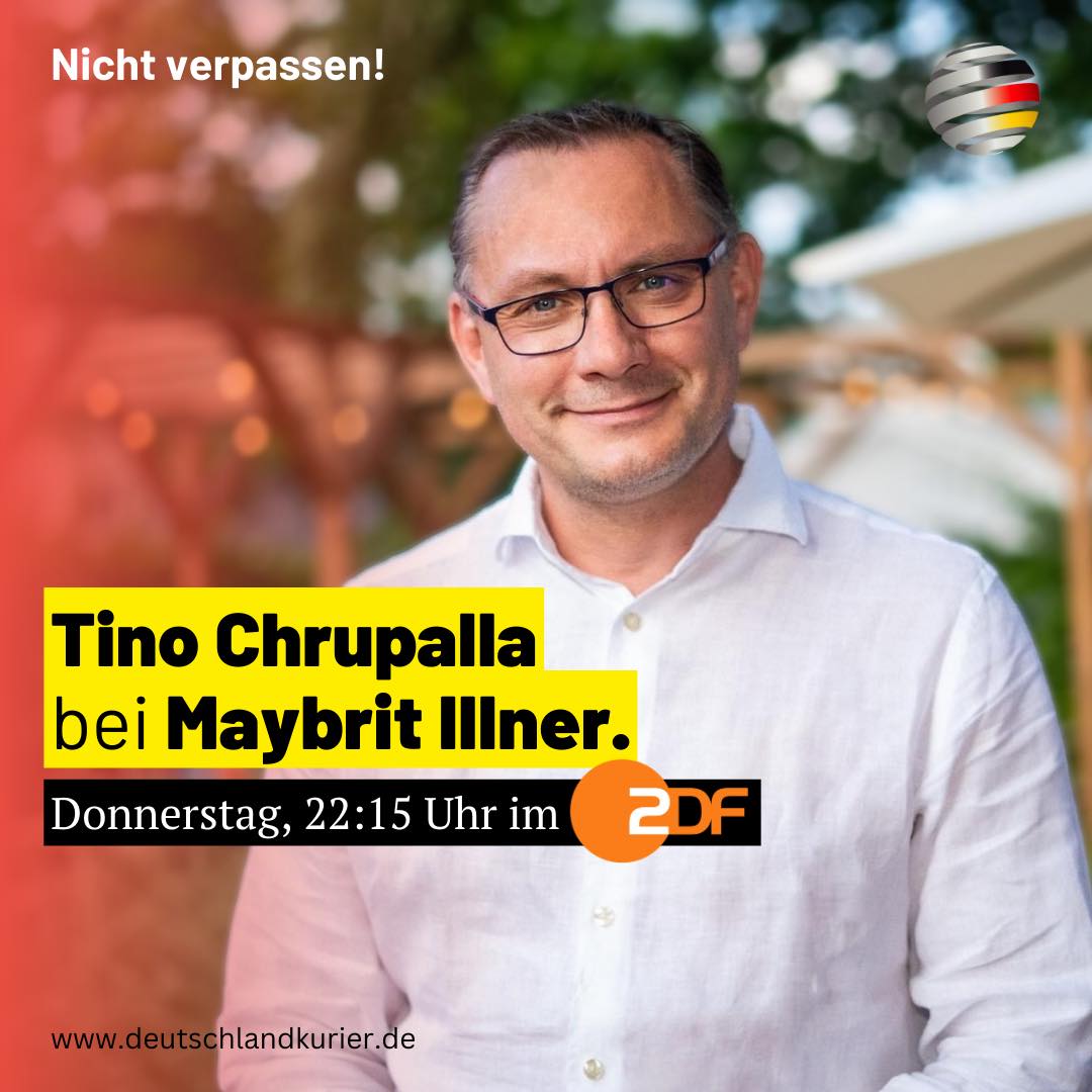 #DeutschlandKURIER🇩🇪-#TVTipp: ➡️ @Tino_Chrupalla (@AfD-Bundesvorsitzender) HEUTE UM 22.15 UHR bei „Maybritt Illner“ (#ZDF)