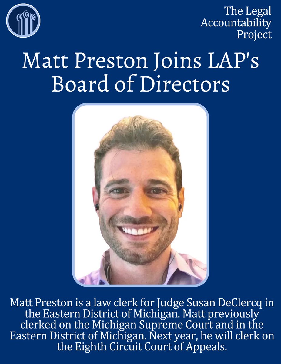 @The_LAP_ is expanding our Board of Directors!

Today we're thrilled to *officially* welcome @TheLawtino, @UMichLaw '21 + three-time Law Clerk, to our team!

Welcome to LAP, Matt! #clerkships #courts