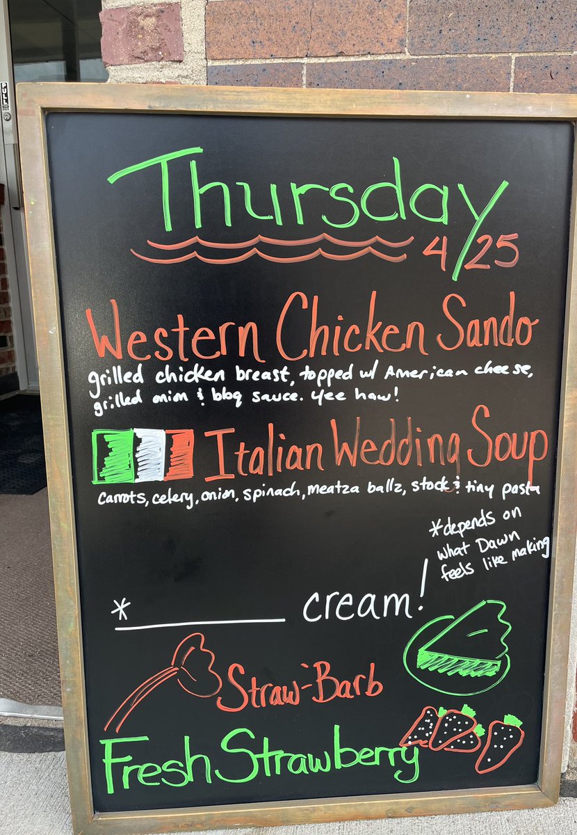 Happy Thursday! 
Western Grilled Chicken sandwich today plus Italian Wedding for soup. Fresh Strawberry pie and a mystery pie. Swing by at see what it is!
Have a wonderful day friends.

#newmangrove #eatlocal #shopsmall