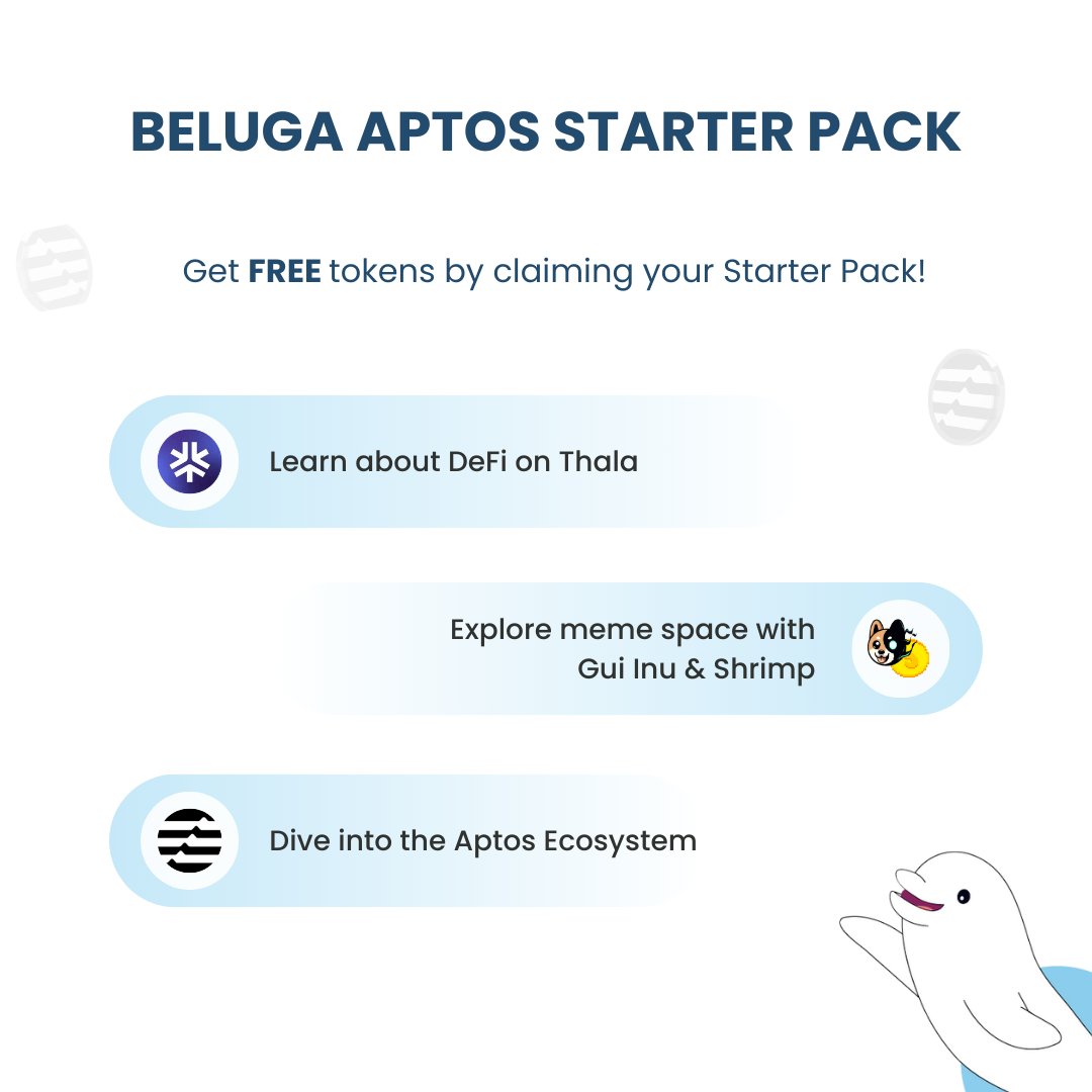 Introducing the Beluga Aptos Starter Pack! Claim your starterpack to receive free tokens and dive into the Aptos Ecosystem. We're teaming up with @Aptos, @ThalaLabs, @guiinuonaptos & @shrimp_apt for this starterpack. ⏰ Going live at 7:30 AM PT starter.heybeluga.com/aptos