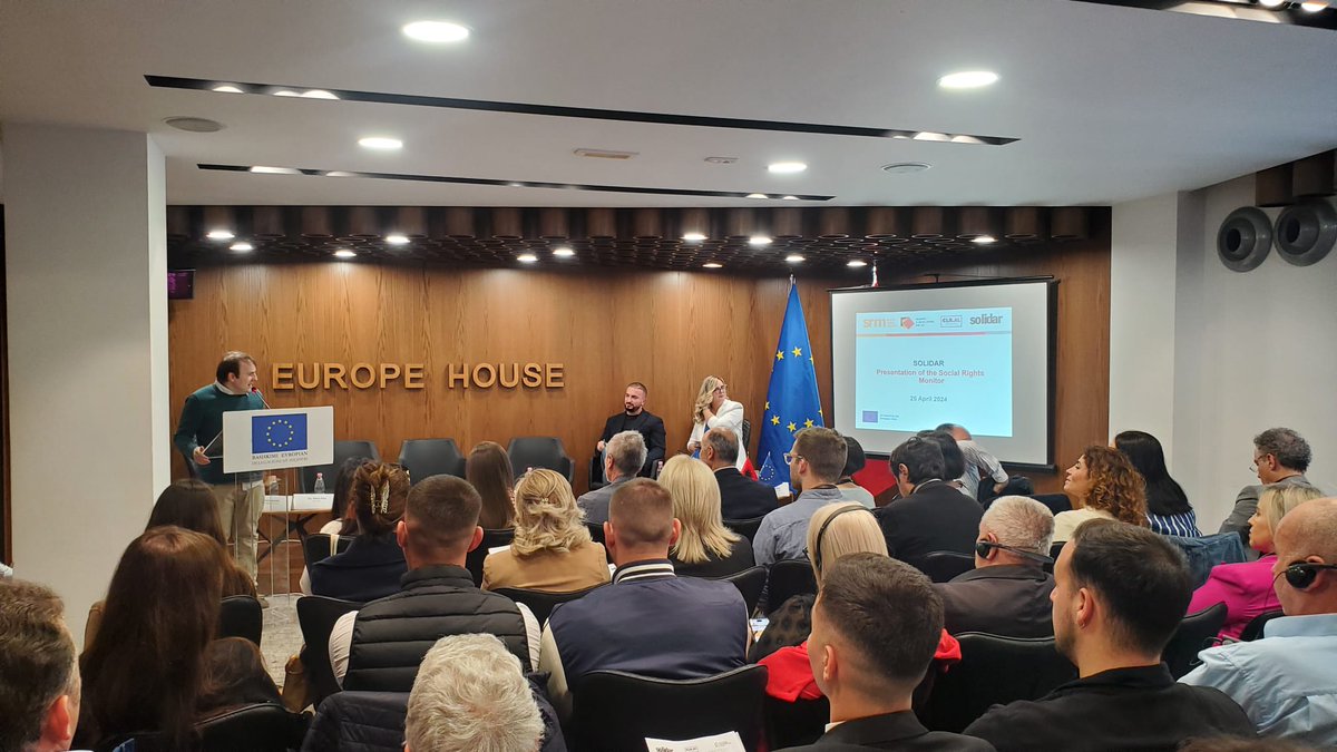 Solidar_EU's tweet photo. What an honor to be hosted by @ForLabourRights for the presentation of the findings of the Social Rights Monitor in Albania! The EPSR is a key framework for social justice in the Western Balkans, too and civil society has a crucial role to play in its monitoring &amp; implementation. https://t.co/7P9tU3TYN0