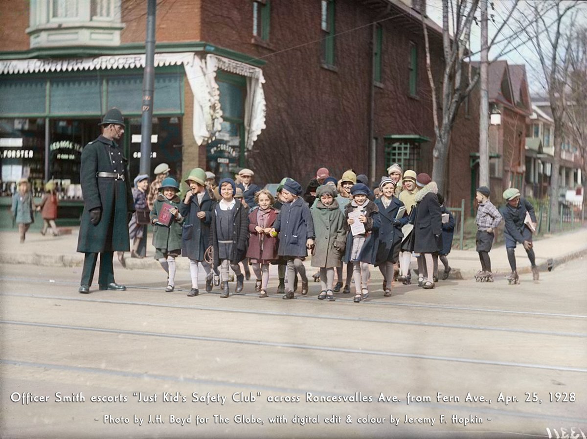 Officer Smith escorts members of a “Just Kid's Safety Club” across Roncesvalles Ave. from Fern Ave., Toronto, #OnThisDay in 1928 (Apr. 25)

#OTD #safetyfirst #policeman #1920s #history #TorontoHistory #tdot #the6ix #toronto #canada #colorization #digitalediting #hopkindesign