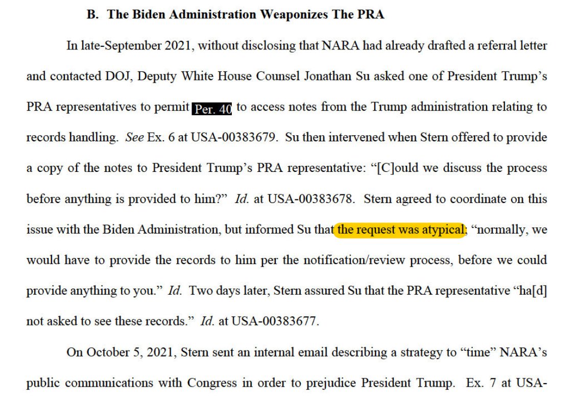 Rereading (again) unredacted motion in classified documents case.

One of Biden's top WH lawyers conspired with NARA atty Stern to circumvent laws related to notification of holder of records (Trump) under Presidential Records Act.

Now this is a legit criminal conspiracy...
