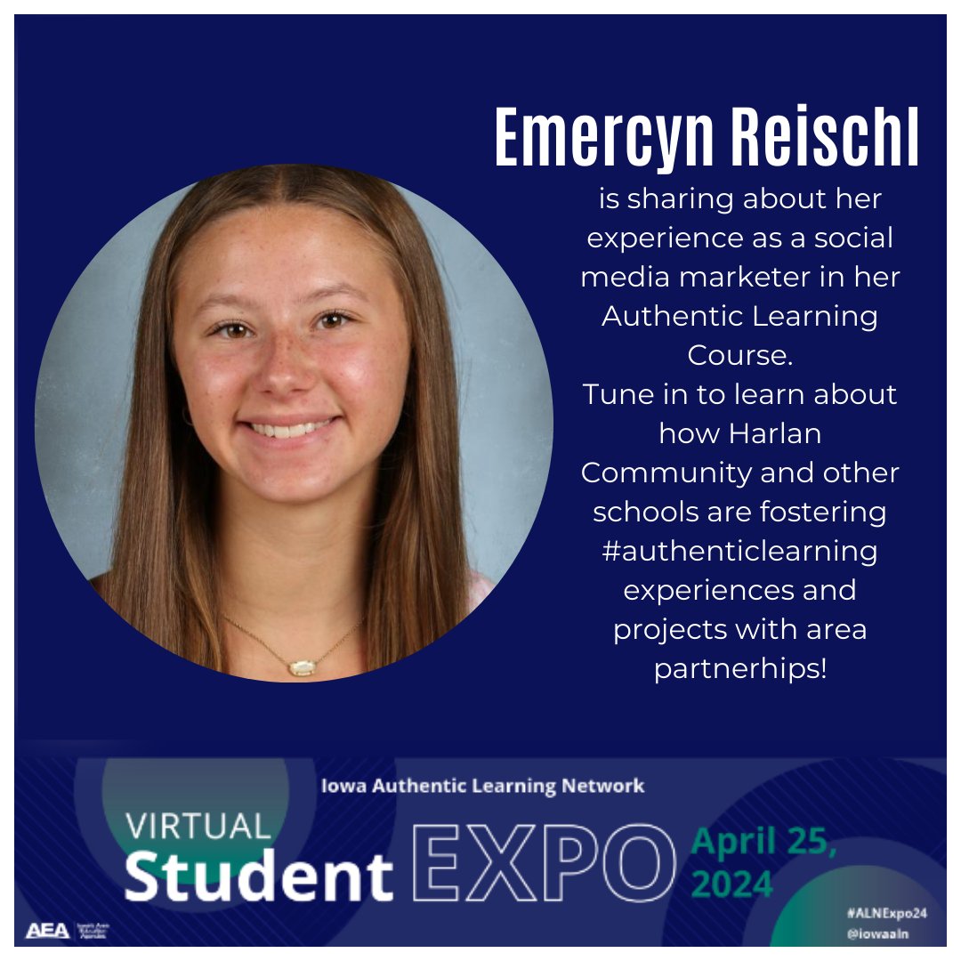 You’re invited to join a live, virtual event #IowaALNExpo24 on April 25th from 8:15am-12:30pm Register at bit.ly/ALNexpo24  

Sophomore, Emercyn R. will be presenting on her #authenticlearning experiences and projects with area partnerships at 12:00!