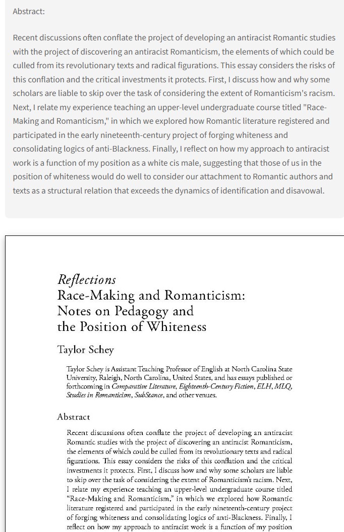 One more excellent Reflections essay on pedagogy in the new ECF issue, April 2024:
'Race-Making and Romanticism: Notes on Pedagogy and the Position of Whiteness,' by Taylor Schey
muse.jhu.edu/pub/50/article…
ECF 36.2, pp. 337-45
#18thCentury
Read ECF @ProjectMUSE !