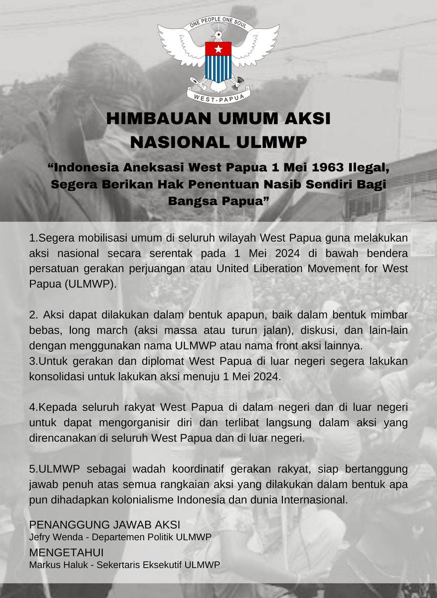 HIMBAUAN UMUM AKSI NASIONAL ULMWP

“Indonesia Aneksasi West Papua 1 Mei 1963 Ilegal, Segera Berikan Hak Penentuan Nasib Sendiri Bagi Bangsa Papua”