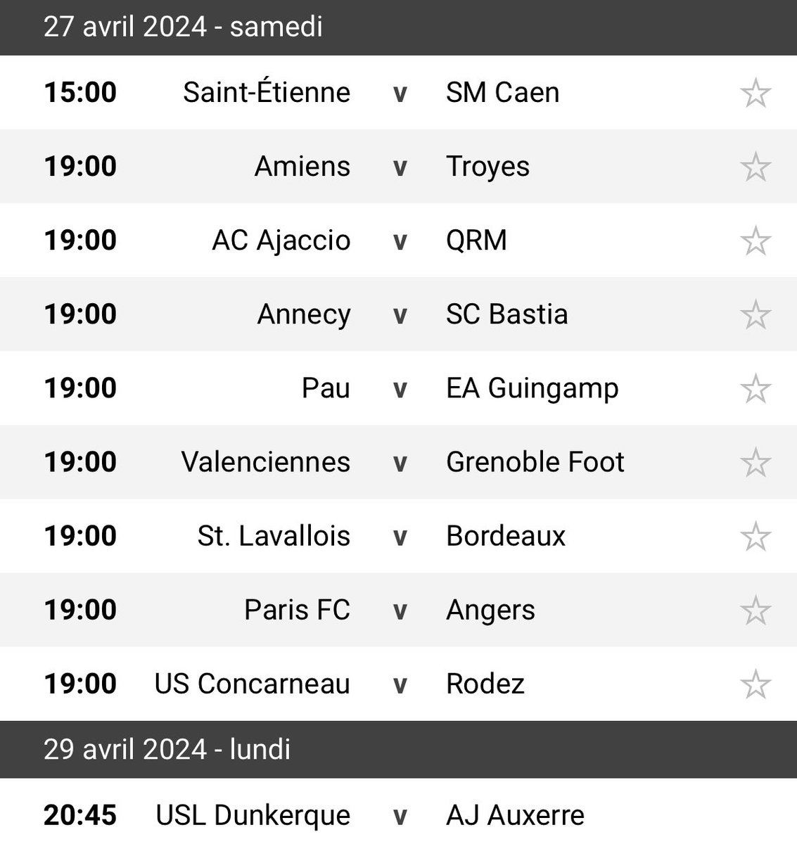 Saint-Etienne/SM Caen
Paris FC/Angers
Dunkerque/AJ Auxerre

La prochaine journée va être importante (comme les prochaines évidemment). On a des adversaires plus prenables que nos adversaires directs. On a donc l’occasion de prendre (peut-être) des pts sur eux. Faut pas se louper