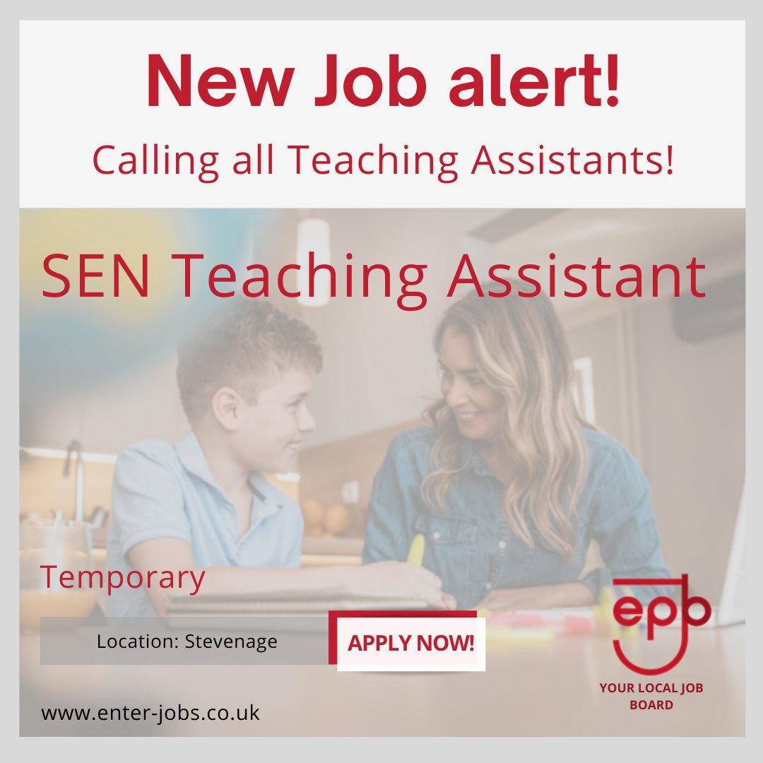 We Staff have an exciting opportunity to join their team at a wonderful school in the Stevenage area! 
Apply now via our website enter-jobs.co.uk/Applicant/Show…

#TeachingJobs #teachingassistantjobs #teachingassistant #SpecialEducationNeeds #Teachers #stevenage  #hertfordshire