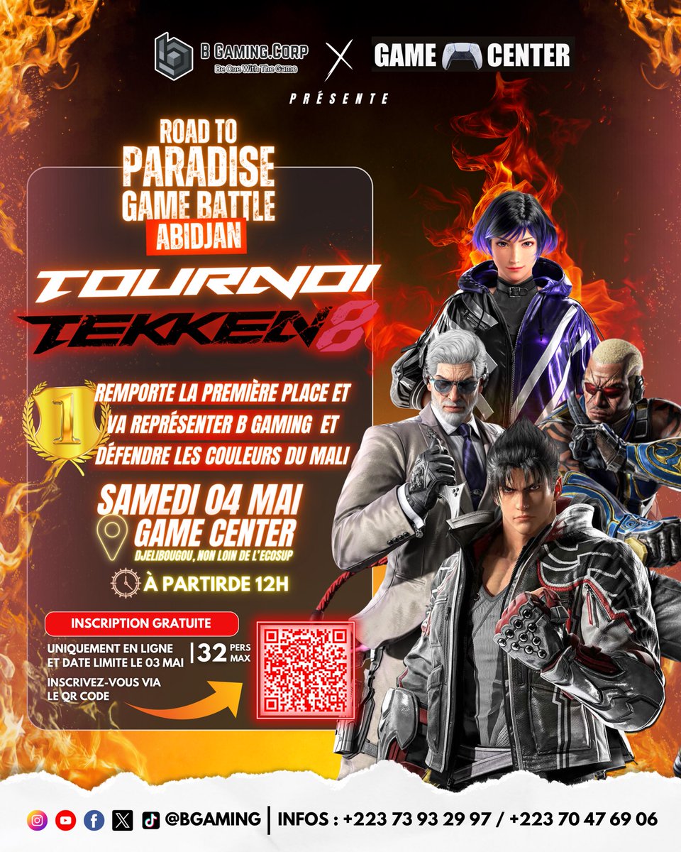 Issa_Diadie's tweet photo. ROAD TO PARADISE GAME BATTLE 2024

À l'occasion de l'événement #Paradisegamebattle la @BGamingCorp223 organise un tournoi qualificatif sur TEKKEN 8 où le gagnant bénéficiera d'un voyage  pris en charge afin de représenter l'association et défendre les couleurs du Mali

(1/3🧵) https://t.co/NOFSWUstbI