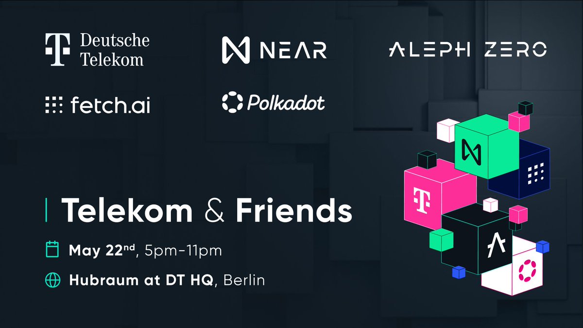 We're proud to announce we'll be at the Telekom & Friends event next month! 🙌

During @BerBlockWeek we're Co-hosting the networking event alongside @mms_Blockchain, @Polkadot, @Aleph__Zero, and @NEARProtocol 🌐

🗓️ May 22nd 2024
⏰ 5pm-11pm CET
