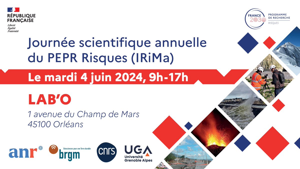 #recherche | Save the date pour la journée scientifique annuelle du programme de recherche PEPR Risques (IRiMa) #France2030 📅 Mardi 4 juin, au LAB’O à Orléans, ✍️ Programme et inscription ici forms.office.com/pages/response…