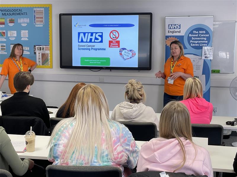 It's #BowelCancerAwarenessMonth and this week, Nova and Tracey from @boltonnhsft spent the day with Health & Social Care students to talk about the importance of screening and early diagnosis. “When your kit comes through the letterbox make sure you do it and post it back.'