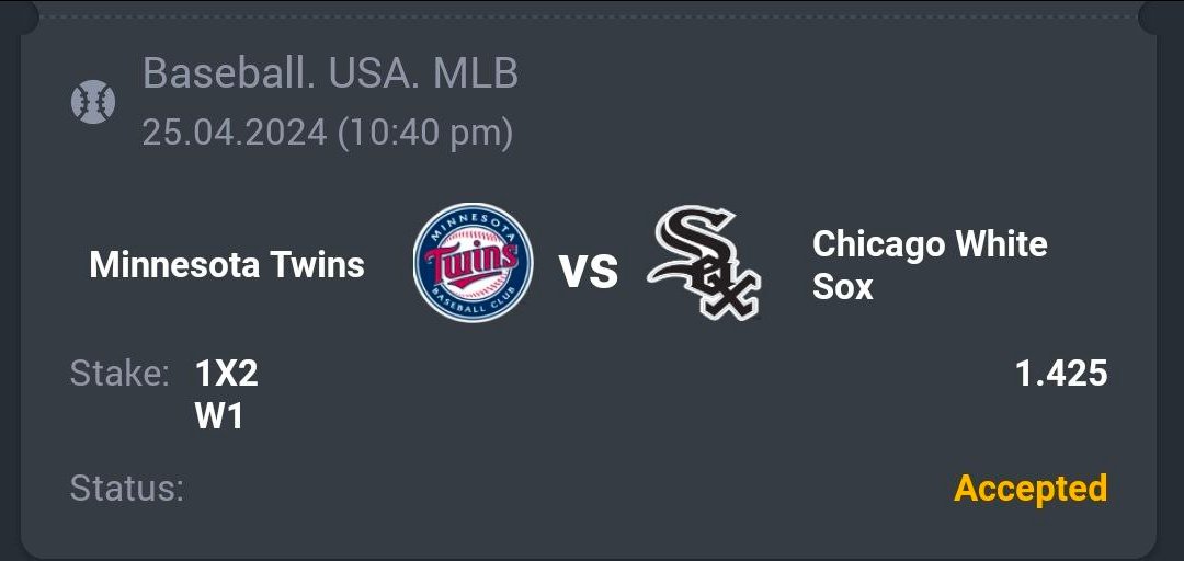 Baseball - MLB ⚾ Minnesota Twins ML 🔖 1.42 💵 10 Units #GamblingTwitter #SportsBetting #TeamParieur #SportsPicks #Betting #A3RBET #FreePicks #SportsBettor #MLB #MLBPicks #MLBTwitter #MLBTonight #Baseball #MNTwins #ChicagoWhiteSox #Chicago #WhiteSox Like + RT
