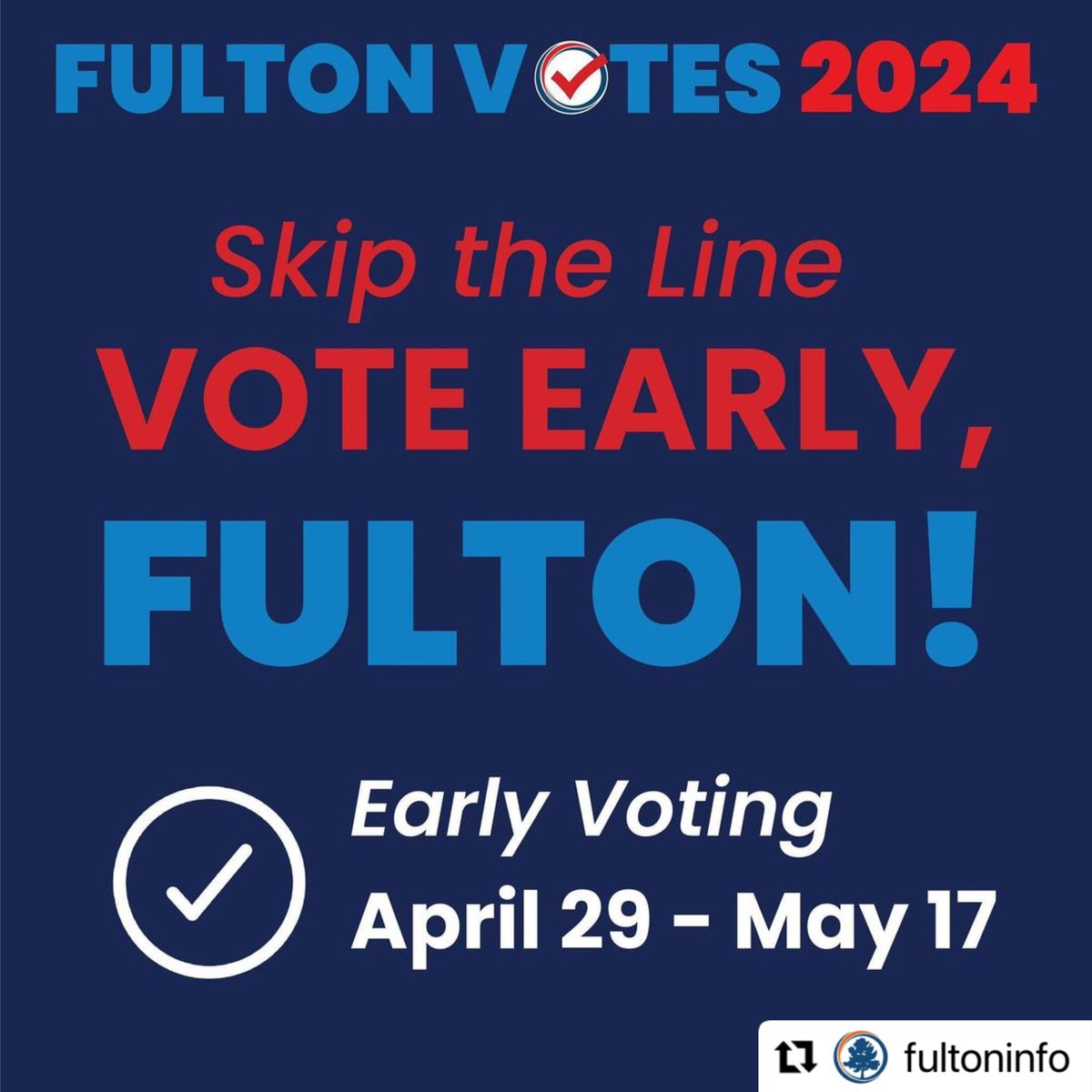 🗳️ Skip the line and vote early for the May 21 General Primary Election in Fulton County!
Find your nearest polling location and hours at fultoncountyga.gov/voteearly or download the free Fulton Votes app for your phone. #FultonVotes