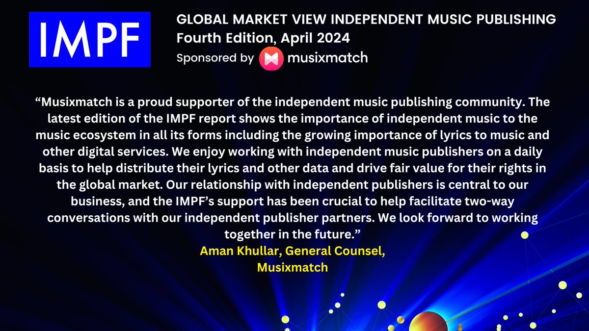 @IMPForum has launched its 4th Edition of the Global Market View Independent Publishing report at the General Assemblies in Dublin. Sponsored by @Musixmatch See the Report here: zurl.co/k3ha #GlobalMarketView #indies #music #publishers #IMPFGeneralAssemblies #Dublin