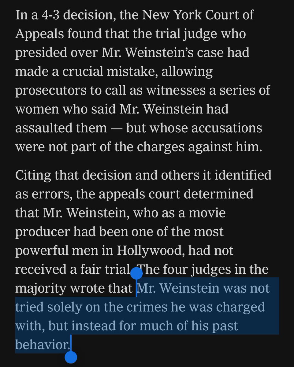 oh my god. harvey weinstein’s conviction has just been overturned. they’re basically saying the trial was unfair. because he was held accountable for the broader context of his decades of rapaciousness.