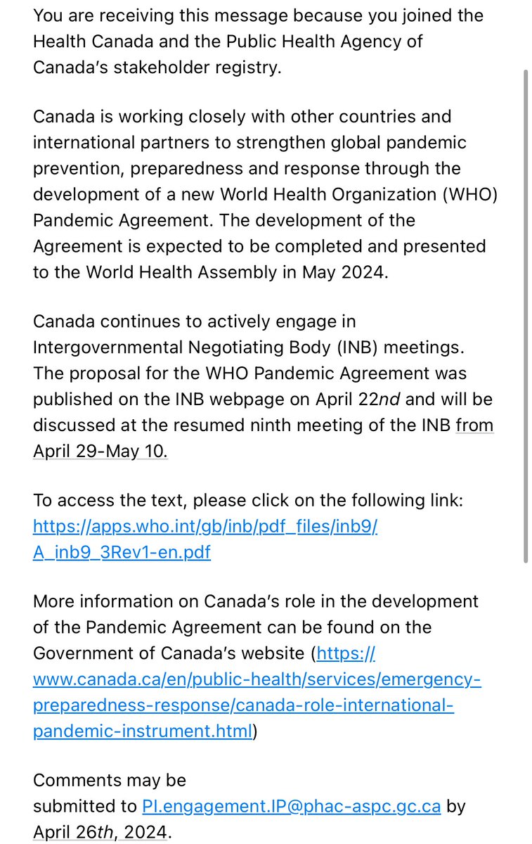 🚨🇨🇦- Leave it to #Health #Canada to try and sneak this by #Canadians. 

Submit #ExittheWHO comments by TOMORROW April 26 and ask for an extension. 
PI.engagement.IP@phac-aspc.gc.ca