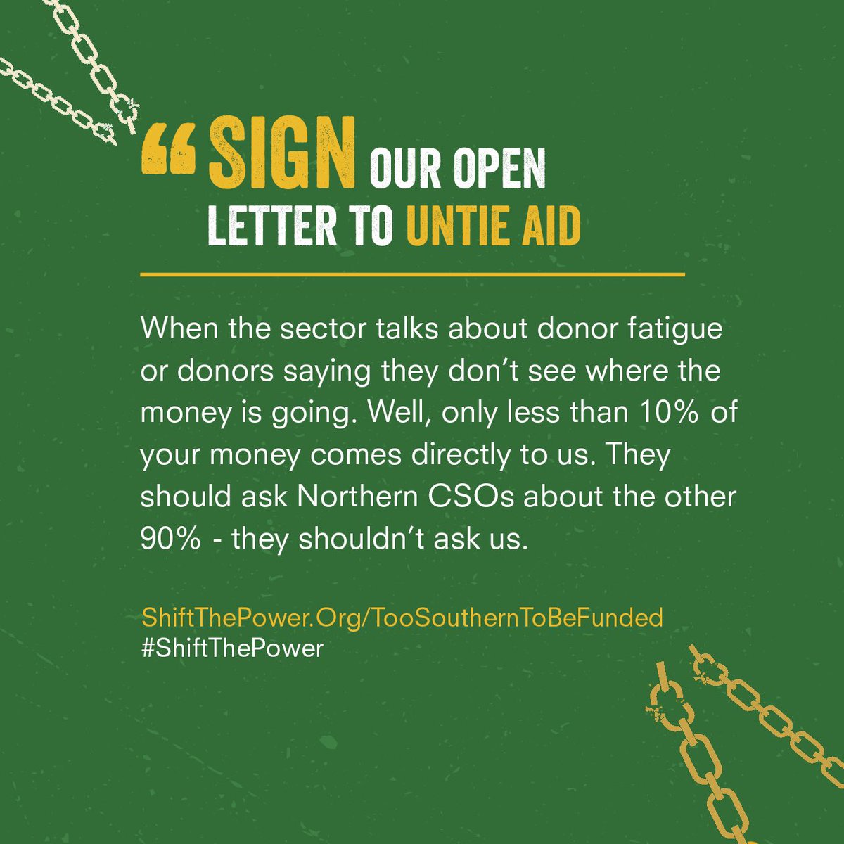 Tied aid perpetuates power imbalances between donor and recipient countries. Sign our open letter to demand #UntiedAid and promote authentic partnerships: 
docs.google.com/forms/d/17jvJ4…

It's time to flip the script!
#ShiftThePower #TooSouthernToBeFunded