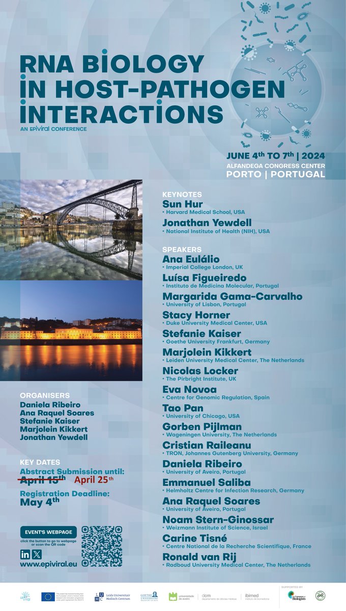 #CallforAbstracts Last day to submit your abstract
Awards available for best oral & poster communications

Don't miss this opportunity, go to bit.ly/RNAHostPath

Organized by @UnivAveiro
@dribeirolab @SoaresRna @LabKaiser @JonYewdell
Supported by @RNASociety @Co_Biologists