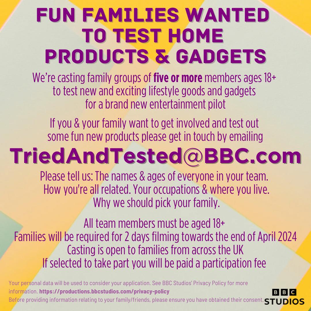**PAID CASTING** 
I'm looking for family groups of 4 or 5 for a fun BBC pilot filming next Monday and Tuesday - please feel free to DM me with any questions/if you'd like further information.