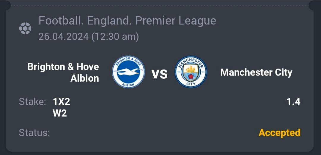 Soccer - Premier League ⚽️ Manchester City ML 🔖 1.40 💵 10 Units #GamblingTwitter #SportsBetting #TeamParieur #SportsPicks #Betting #A3RBET #FreePicks #SportsBettor #Sports #PremierLeague #EPL #PL #Football #Soccer #Matchday #ManCity #Brighton #BHAFC Like + RT