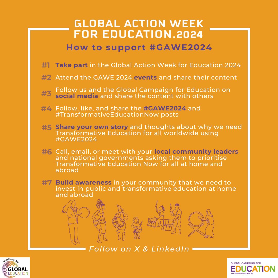 Want to support our call for #TransformativeEducationNow?

During the Global Action Week for Education – together with @globaleducation - we ask that governments guarantee the #RightToEducation &provide #TransformativeEducationNow everywhere! 

🥁📢How you can support #GAWE2024: