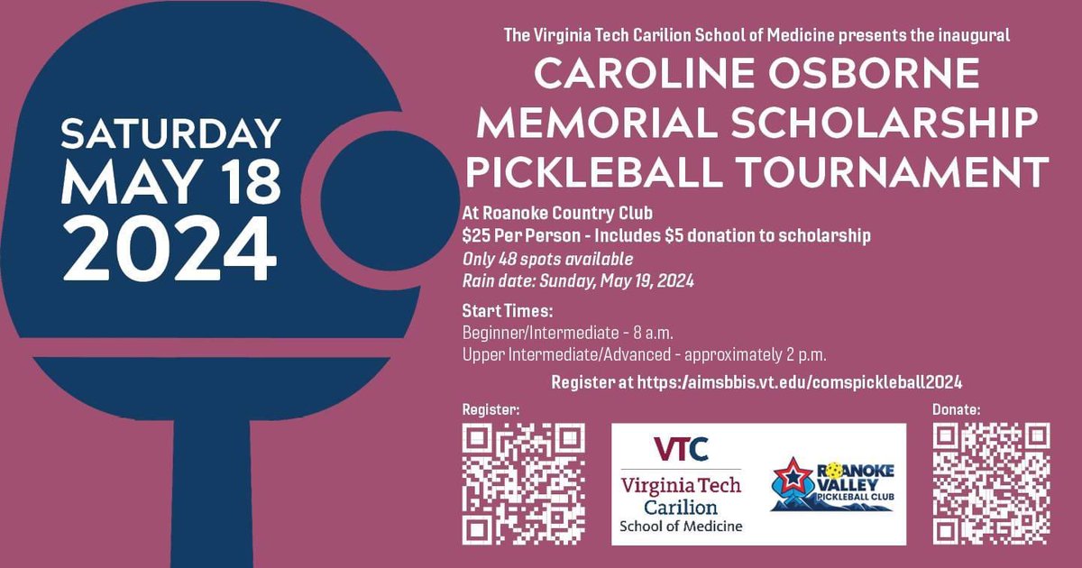 The Inaugural Caroline Osborne Memorial Scholarship Pickleball Tournament is fast approaching! Register Here: aimsbbis.vt.edu/comspickleball… Rain Date: Sunday, May 19th, 2024