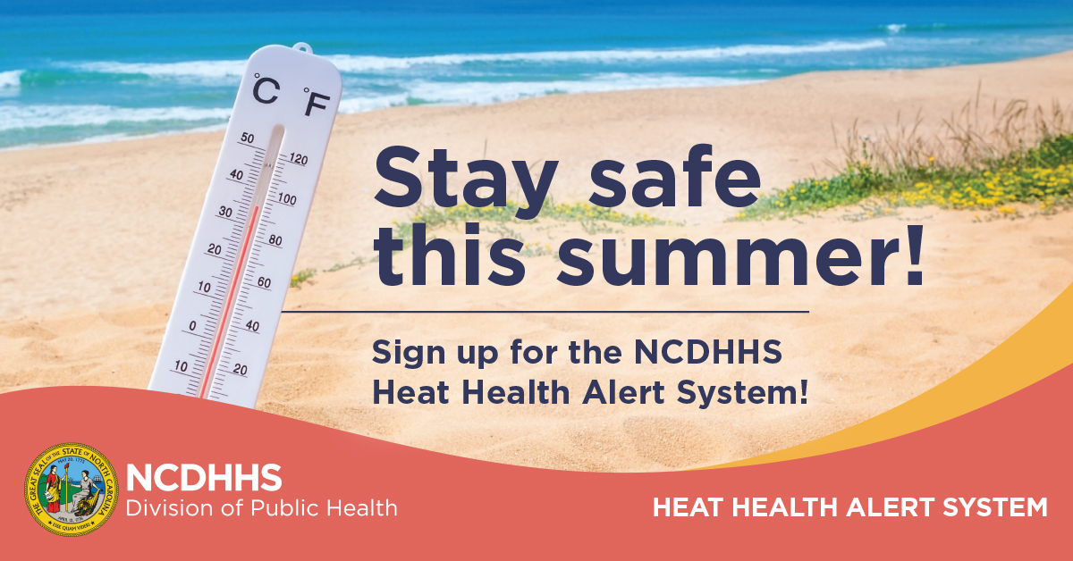 Summer is almost here! Sign up to receive heat health alerts from the NCDHHS Climate and Health Program to help you and your loved ones stay safe this heat season. To register go to: epi.dph.ncdhhs.gov/oee/climate/he… #HeatAlerts #NCDHHS #SummerSafety