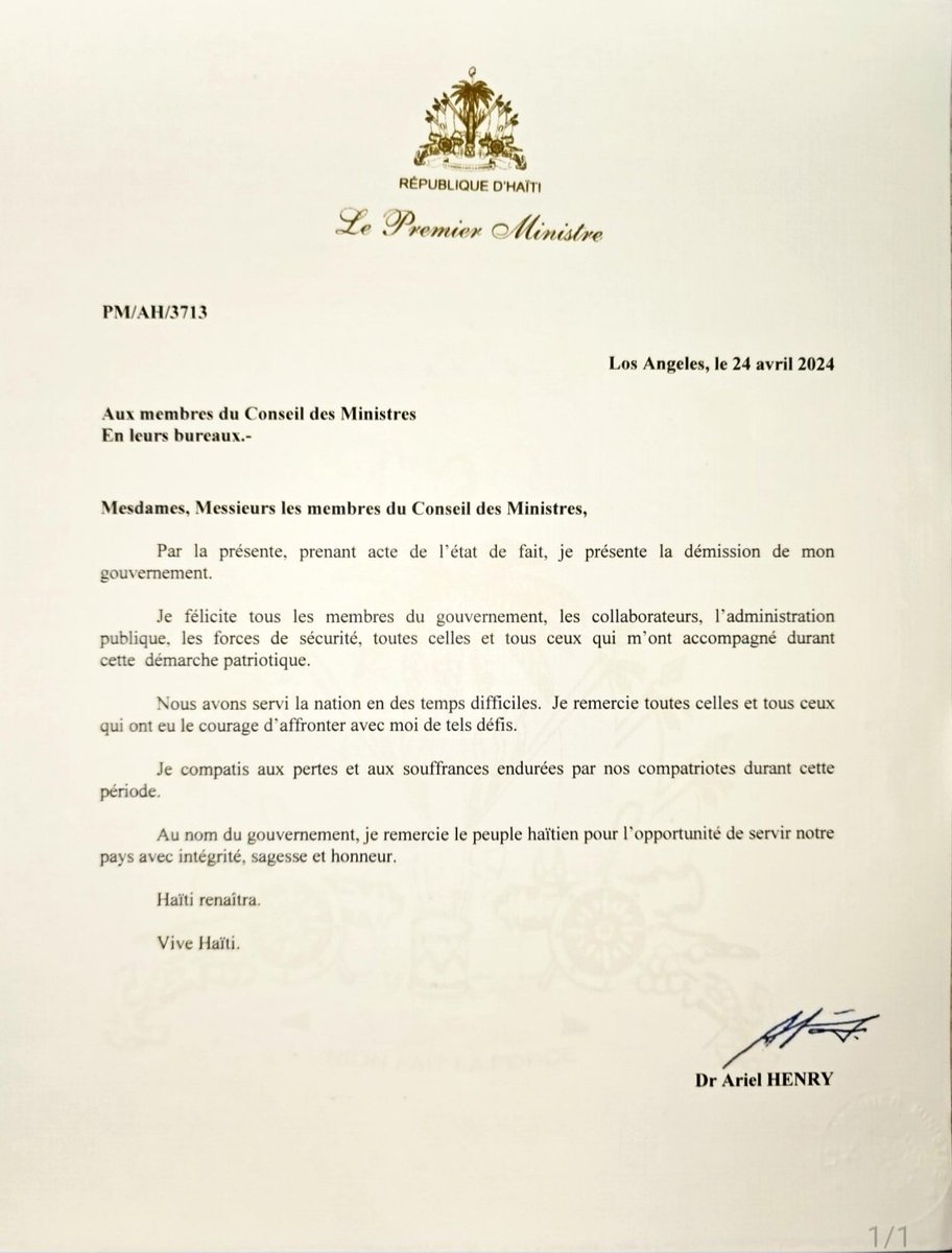 The nine members of the transitional presidential council were installed this morning at the National Palace. Ariel Henry has formally resigned.