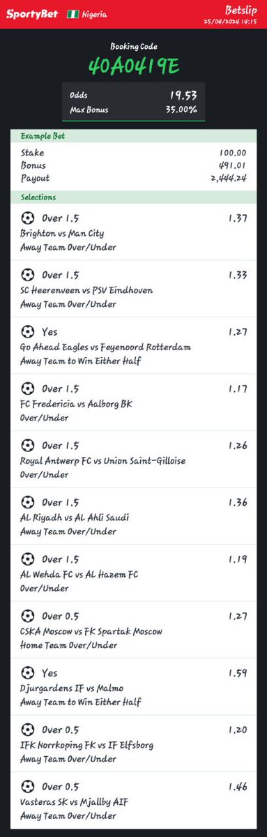 20 Odds On SportyBet Code👉40A0419E Good luck 🍏🍏🍏😍